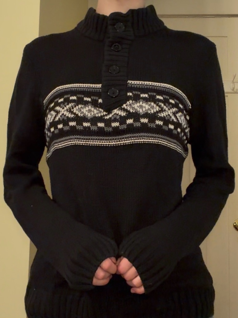 Arizona Jean Company Black Fair Isle Button-Front Turtleneck Sweater